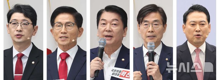 [서울=뉴시스] 조성봉 기자 = 주진우(왼쪽 사진부터), 김문수, 안철수, 조경태, 장동혁 국민의힘 당대표 후보가 3일 오후 서울 여의도 국민의힘 중앙당사에서 열린 제6차 전당대회 당 대표 후보자 비전대회에서 비전발표를 하고 있다. 2025.08.03. suncho21@newsis.com