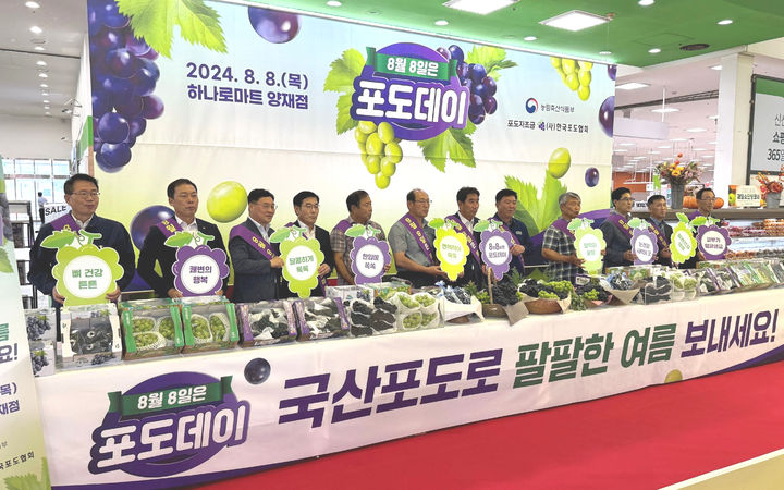 [세종=뉴시스] 사단법인 한국포도협회(포도의무자조금관리위원회)는 오는 8일 서울 서초구 하나로마트 양재점에서 '2025년 포도데이 기념식'을 개최하고, 국산 샤인머스켓 소비 촉진을 위한 할인 행사를 진행한다고 4일 밝혔다. 사진은 지난해 포도데이 기념행사 모습. (사진=포도협회 제공) 2025.08.04. photo@newsis.com *재판매 및 DB 금지