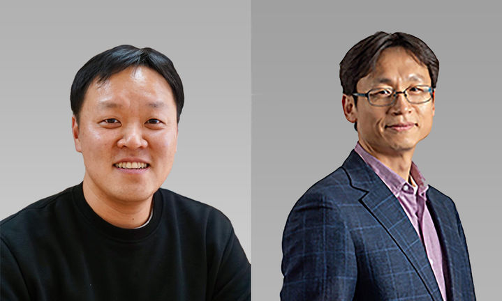 [서울=뉴시스] 서강대 강문성 교수(왼쪽)와 울산과학기술원(UNIST) 김봉수 교수가 OLED 발광층을 손상 없이 패터닝 하는 '간접 광패터닝' 기술을 개발했다. (사진=서강대 제공) 2025.08.04. photo@newsis.com *재판매 및 DB 금지