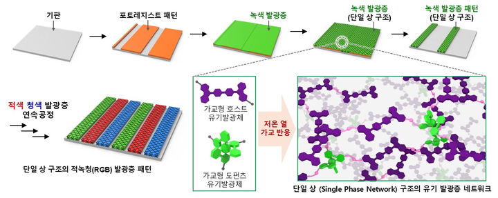 [서울=뉴시스] 간접 광패터닝 공정도 및 단일 상 구조의 유기 발광층. (사진=서강대 제공) 2025.08.04. photo@newsis.com *재판매 및 DB 금지