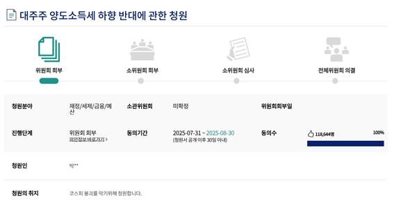 [뉴시스] '대주주 양도소득세 하향 반대에 관한 청원'. (사진=국회 국민동의 청원 게시판) 2025.8.4 *재판매 및 DB 금지