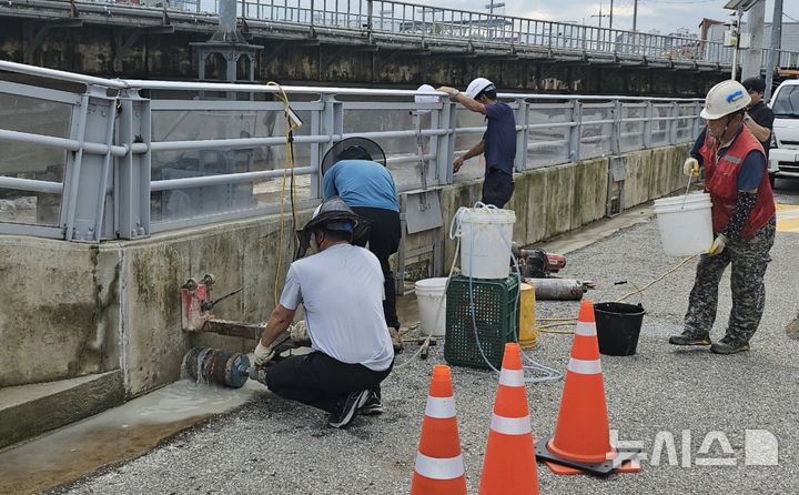 [광주=뉴시스] 광주시가 4일 오후 광주 북구 신안동 서암대로 100번길 주변을 따라 설치된 홍수방어벽에서 침수 피해를 막기 위한 구멍을 뚫는 작업을 진행 중이다. (사진 = 독자 제공) 2025.08.04. photo@newsis.com