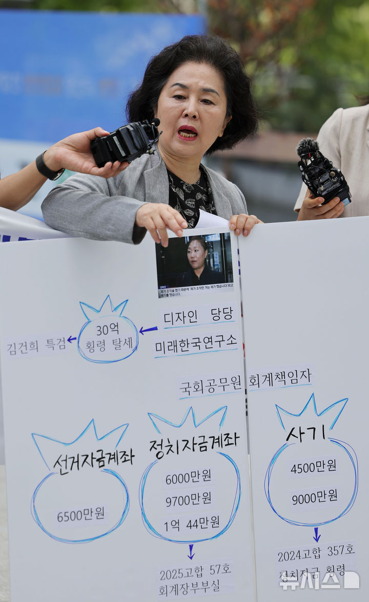 [서울=뉴시스] 홍효식 기자 = 김영선 전 국민의힘 의원이 4일 서울 종로구 KT 광화문빌딩 웨스트에 마련된 윤석열 전 대통령 부인 김건희 여사 의혹을 수사하는 민중기 특별검사 사무실로 출석하며 입장을 밝히고 있다. 2025.08.04. yesphoto@newsis.com