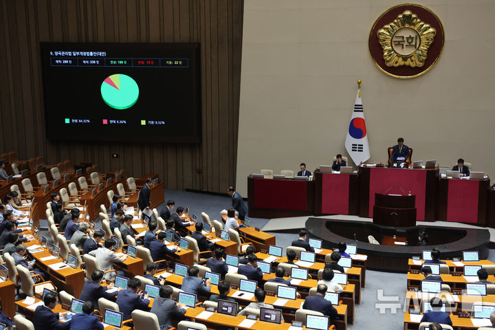 [서울=뉴시스] 김명년 기자 = 4일 오후 서울 여의도 국회에서 열린 제427회국회(임시회) 제3차 본회의에서 양곡관리법 일부개정법률안이 통과되고 있다. 2025.08.04. kmn@newsis.com