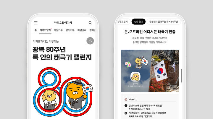 [서울=뉴시스] 카카오가 광복절 기념 이용자 참여형 기부 캠페인 '톡 안의 태극기 챌린지'를 오는 17일까지 진행한다고 5일 밝혔다. (사진=카카오 제공) *재판매 및 DB 금지