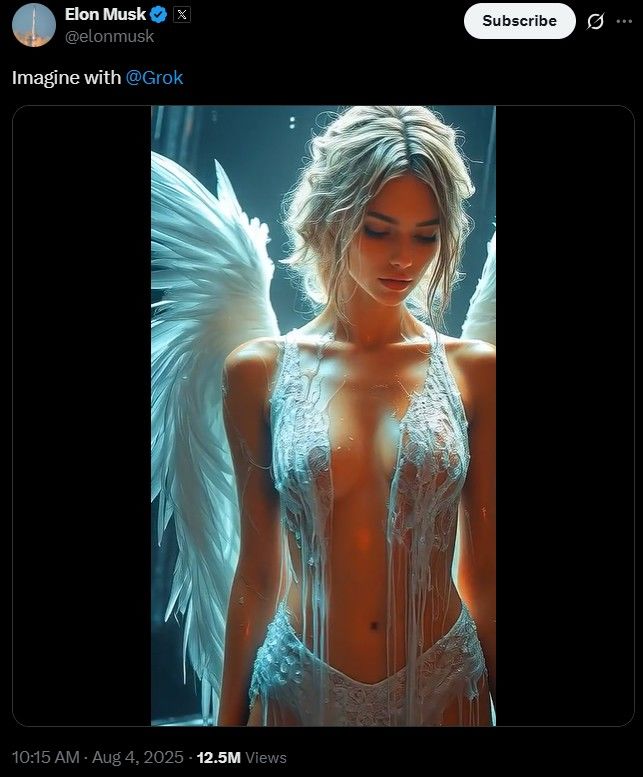 [서울=뉴시스] xAI는 4일(현지 시간) AI 앱 '그록' iOS 버전에 '그록 이매진(Grok Imagine)'을 출시했다고 밝혔다. 사진은 일론 머스크가 이날 엑스에 올린 '그록 이매진' 기반 영상 (사진=xAI 제공) *재판매 및 DB 금지