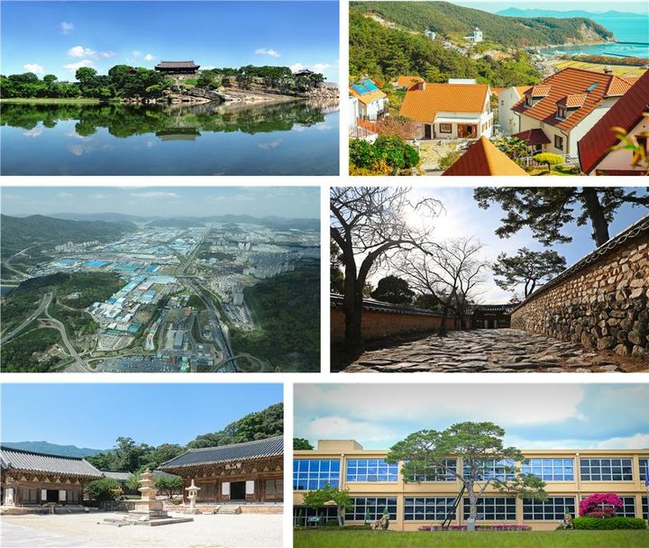[창원=뉴시스]3D 웹툰 배경 제작 대상지로 선정된 경남 명소 6곳. 맨 위에서 좌우 방향으로, 경남 진주시 진주성과 남해 독일마을, 창원 창원국가산업단지와 함양군 개평한옥마을, 양산 통도사와 진주 K-기업가정신센터.(사진=경남도 제공) 2025.08.05. photo@newsis.com