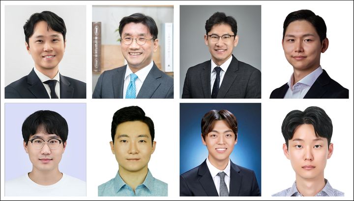 [서울=뉴시스] (위 왼쪽부터) 고려대 신소재공학부 남대현 교수(교신저자), 서울대 재료공학부 주영창 교수(교신저자), 서울대 화학생물공학부 박정원 교수(교신저자), 고려대 KU-KIST 융합대학원 백서인 교수(교신저자)와 (아래 왼쪽부터) 서울대 재료공학부 김인태 석박통합과정(제1저자), 서울대 재료공학부 이기백 박사(제1저자), 서울대 화학생물공학부 김성인 박사(제1저자), 서강대 화공생명공학과 정현동 석박통합과정(제1저자). (사진=고려대 제공) 2025.08.05. photo@newsis.com *재판매 및 DB 금지
