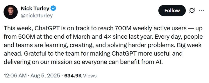 [뉴시스] 닉 털리 오픈AI 부사장의 엑스 게시물. (사진 = 엑스 캡처) 2025.08.05. *재판매 및 DB 금지