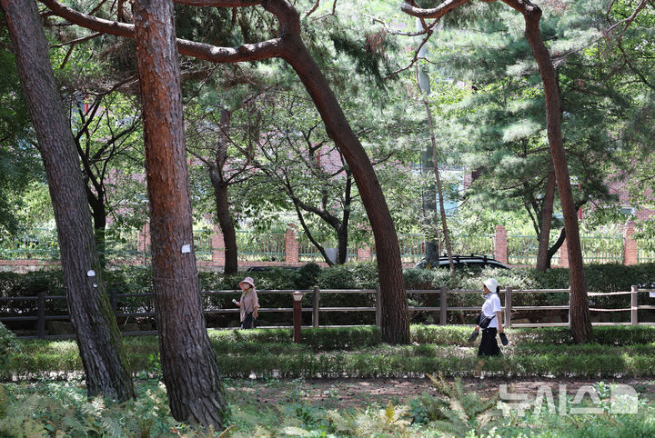 [서울=뉴시스] 배훈식 기자 = 전국 곳곳에 폭염 특보가 발효된 5일 오후 서울 강북구 솔밭 근린공원을 찾은 시민들이 나무 그늘 아래를 걸으며 더위를 식히고 있다. 2025.08.05. dahora83@newsis.com