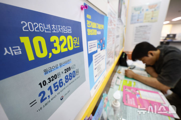 [서울=뉴시스] 황준선 기자 = 고용노동부가 2026년도 최저임금을 시간당 1만320원으로 확정·공시한 5일 서울 마포구 서울서부고용복지플러스센터 게시판에 2026년도 최저임금 홍보물이 게시돼 있다. 2025.08.05. hwang@newsis.com