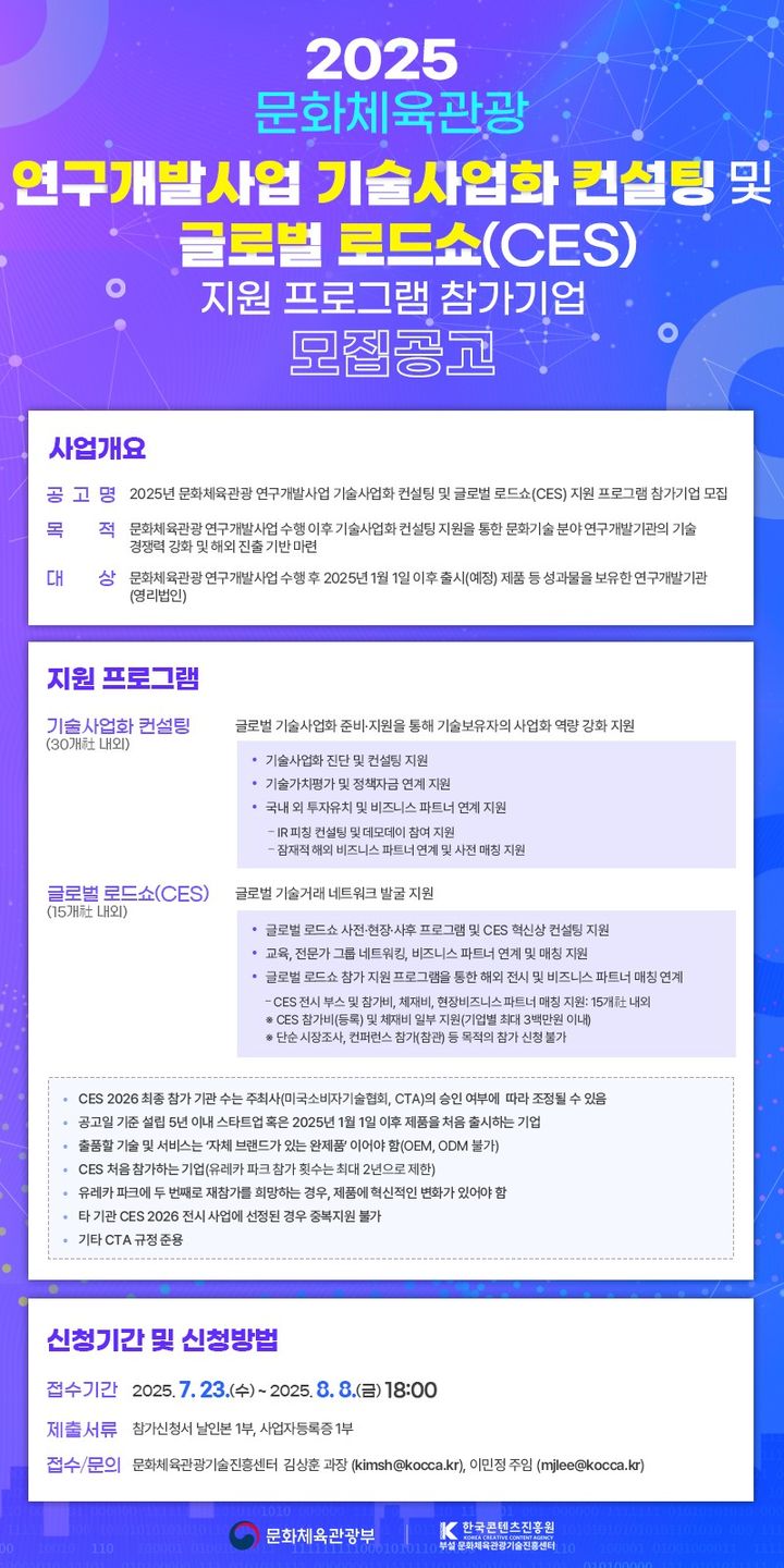 2025 문화체육관광 연구개발사업 기술사업화 컨설팅 및 글로벌 로드쇼 지원 프로그램 참가기업 모집공고. (한국콘텐츠진흥원 제공) *재판매 및 DB 금지