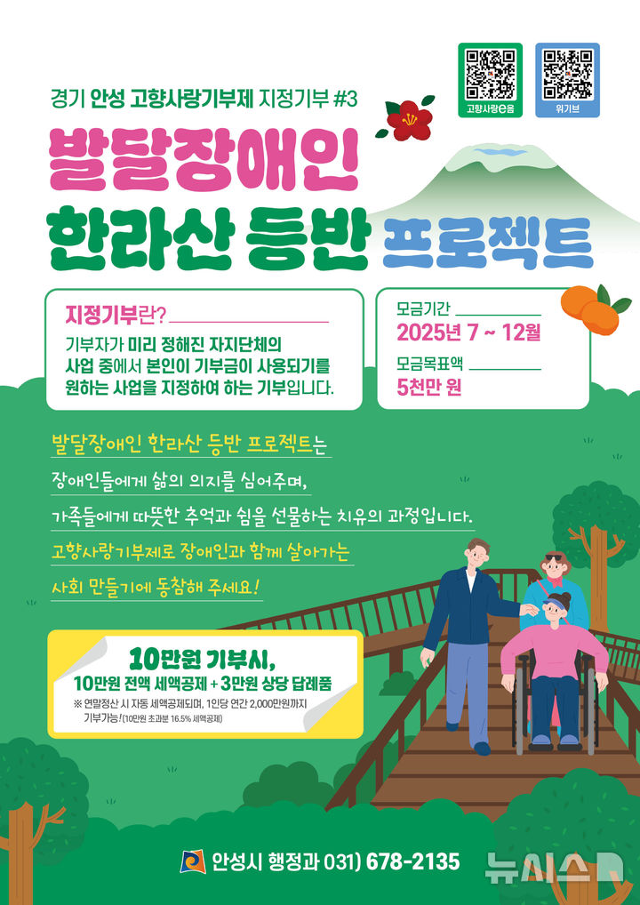 [안성=뉴시스] 안성시, 고향사랑기부제 '발달장애인 한라산 등반' 지원 안내 포스터 (사진=안성시 제공) 2025.08.06.photo@newsis.com 