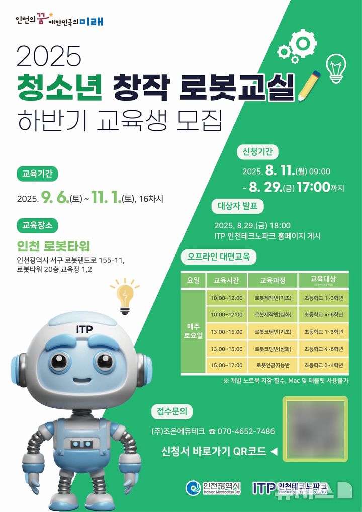 인천TP, 청소년 창작로봇교실 하반기 교육생 125명 모집