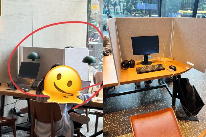 [서울=뉴시스] 서울 시내 한 스타벅스 매장에서 테이블에 가림막을 올리고 컴퓨터를 하는 모습.(사진=쓰레드 캡처) *재판매 및 DB 금지