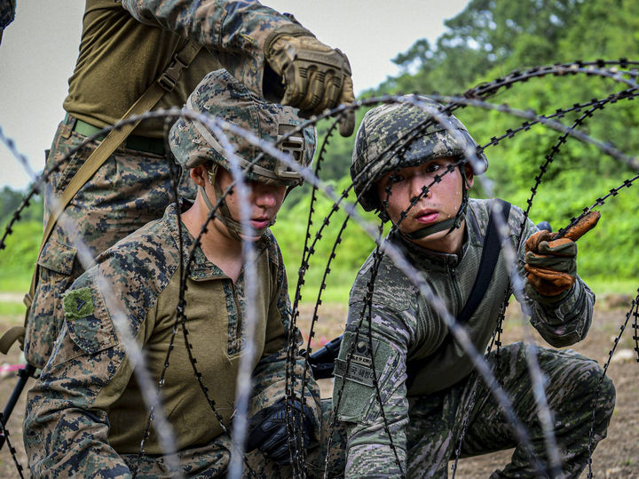[서울=뉴시스] 김근수 기자 = 한미 해병대 장병이 경북 포항시 독석리 해변과 조사리 일대에서 KMEP 연합공병훈련 간 장애물 설치 훈련을 하고 있다. 해병대는 지난 7월 중순부터 8월까지 미 해병대와 김포, 강화, 포항, 포천, 동두천 등지에서 ’25-2차 KMEP 연합훈련을 실시한다고 밝혔다. (사진 = 해병대 제공) 2025.08.06. photo@newsis.com *재판매 및 DB 금지