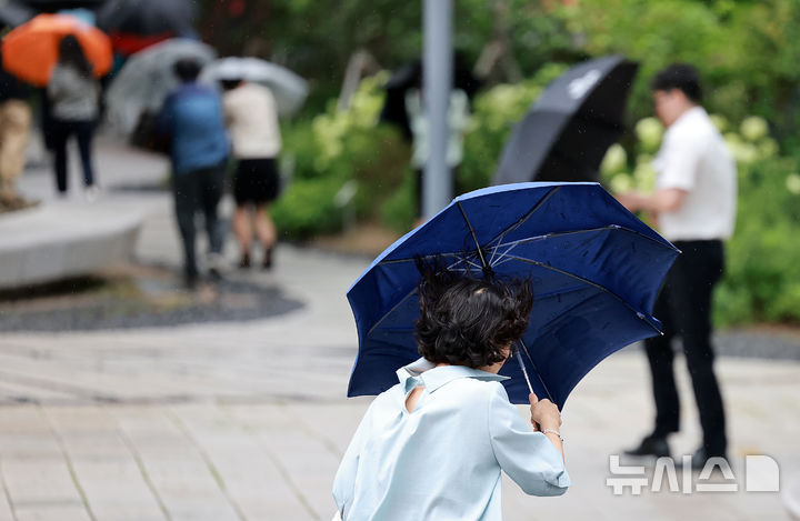 [서울=뉴시스] 이영환 기자 = 돌풍을 동반한 비가 내린 6일 오후 서울 종로구 광화문 인근 거리에서 시민들이 우산을 붙잡은채 걸어가고 있다. 2025.08.06. 20hwan@newsis.com