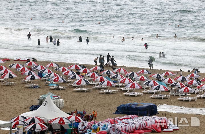 [부산=뉴시스] 하경민 기자 = 비가 내린 6일 부산 해운대구 해운대해수욕장을 찾은 피서객들이 물놀이를 즐기고 있다. 2025.08.06. yulnetphoto@newsis.com