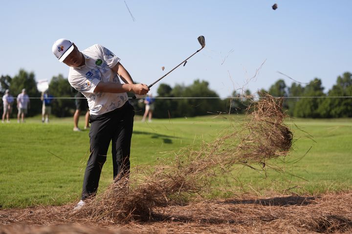 [멤피스=AP/뉴시스] 임성재가 7일(현지 시간) 미 테네시주 멤피스의 TPC 사우스윈드에서 열리는 미국프로골프(PGA 투어 페덱스컵 플레이오프(PO) 1차전 세인트 주드 챔피언십 첫날 2번 홀에서 샷하고 있다. 임성재는 1오버파 71타 공동 48위에 이름을 올렸다. 2025.08.08.