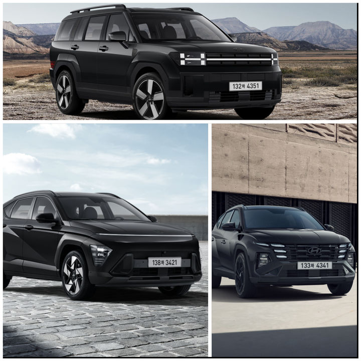 [서울=뉴시스] 현대자동차가 대표 스포츠실용차(SUV) 싼타페와 투싼의 연식변경 모델 및 소형 SUV 코나의 신규 디자인 패키지 '코나 블랙 익스테리어'를 출시하고 본격적인 판매에 돌입한다고 7일 밝혔다. 사진은 위쪽부터 시계방향으로 '2026 싼타페 블랙 익스테리어',&nbsp; '2026 투싼 블랙 익스테리어', '코나 블랙 익스테리어' (사진=현대자동차 제공) photo@newsis.com *재판매 및 DB 금지