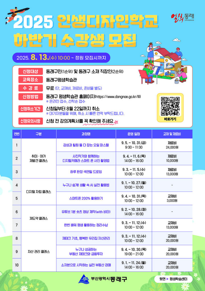 [부산=뉴시스] 부산 동래구는 오는 9월부터 11월까지 3050세대 생애도약을 위한 평생교육 특화 프로그램 '인생디자인 학교'를 운영한다. 모집은 오는 13일부터 진행된다. (사진=동래구 제공) 2025.08.07. photo@newsis.com *재판매 및 DB 금지