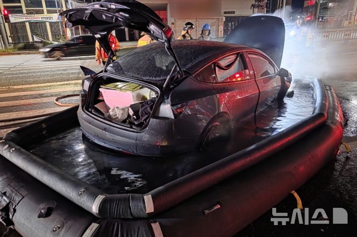 [인천=뉴시스] 7일 오전 인천 계양구 효성동 한 도로에서 가로등을 들이받은 뒤 화재가 발생한 전기차 모습. (사진=인천소방본부 제공) 2025.08.07. photo@newsis.com