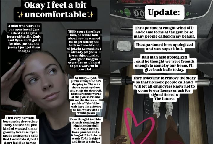 [서울=뉴시스] 프로야구 한화 이글스의 외국인 투수 라이언 와이스의 아내 헤일리 브룩이 아파트 헬스장 직원의 과도한 사인 요구에 불편함을 호소했다. (사진=헤일리 브룩 인스타그램 캡처) 2025.08.07 *재판매 및 DB 금지