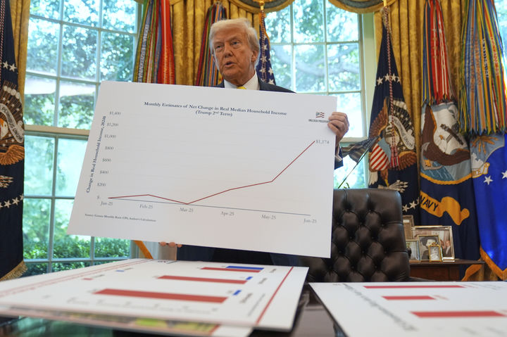 [워싱턴=AP/뉴시스] 도널드 트럼프 미국 대통령이 7일(현지 시간) 백악관 오벌 오피스에서 긴급 기자회견을 열고 자신의 경제 성과에 대해 발언하고 있다. 2025.08.08.