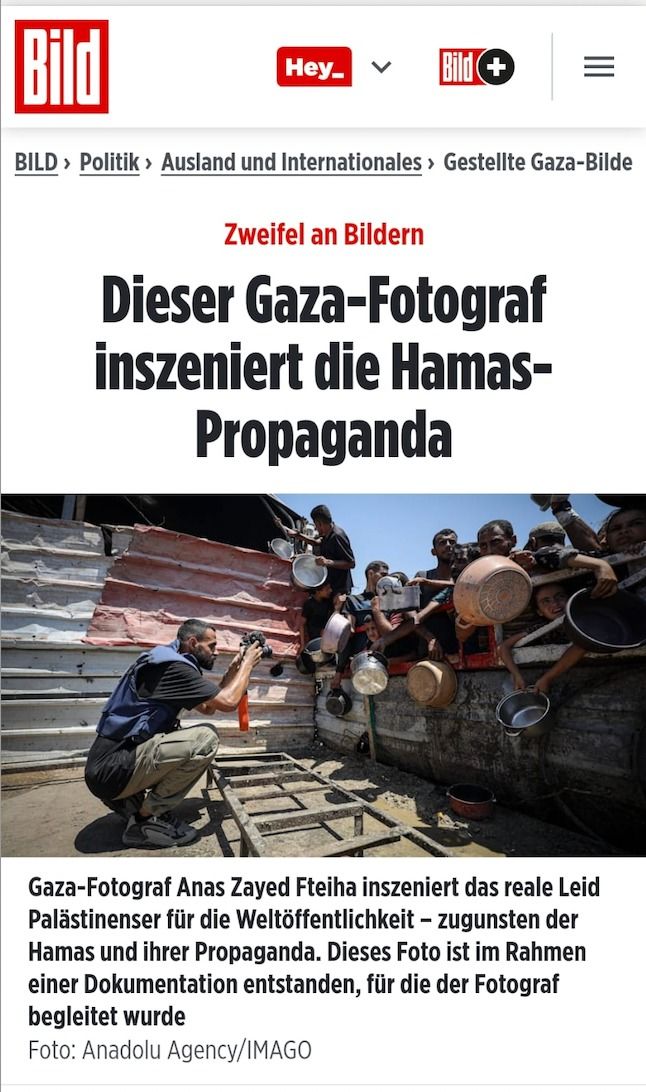 [서울=뉴시스] 가자지구 기근 위기가 고조되는 가운데, 절박한 주민들의 참상을 담은 사진이 실제론 연출된 것이라는 의혹이 제기됐다. 사진은 독일 빌트의 '가자지구에서 하마스 선전을 펼치는 사진작가' 제하의 기사. (사진=이스라엘 외무부 X 갈무리) 2025.08.08. *재판매 및 DB 금지