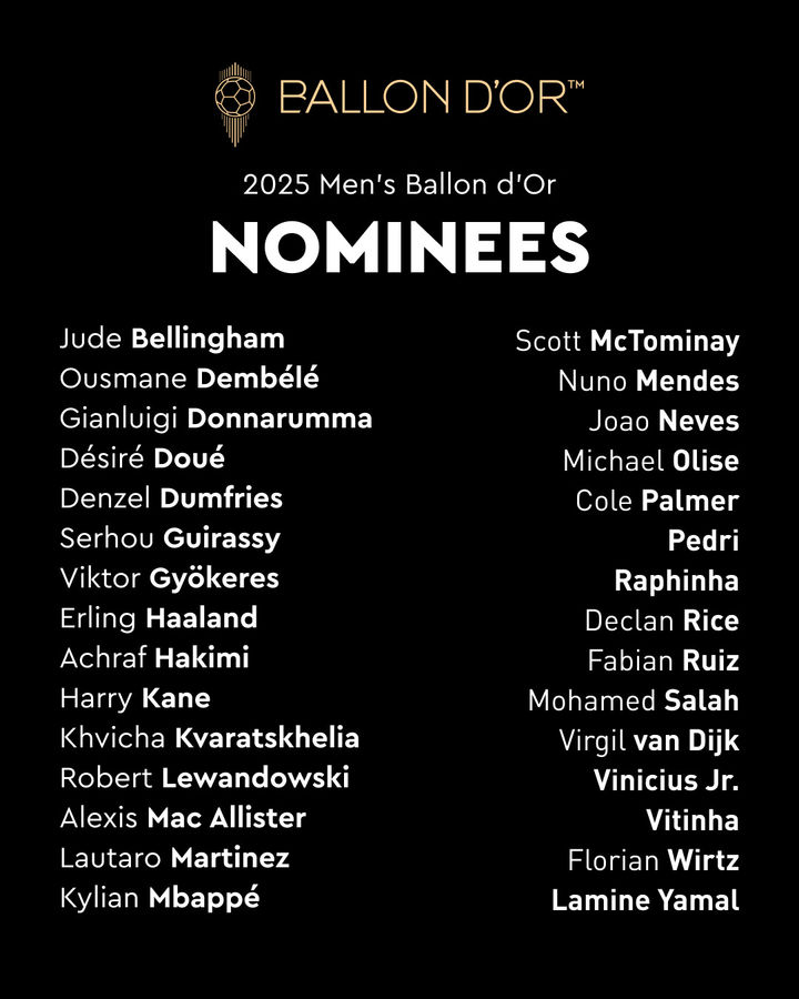 [서울=뉴시스] 2025 발롱도르 남자 선수 후보 목록. (사진=프랑스풋볼 SNS 캡처) *재판매 및 DB 금지