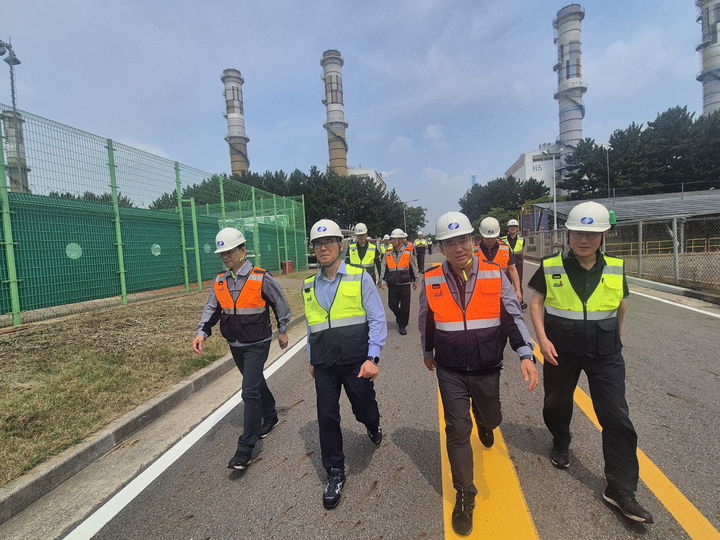 [세종=뉴시스]서성재 남부발전 부사장(왼쪽에서 두 번째)이 8일 신인천빛드림본부를 찾아, 연료전지 1~5단계 설비 운영 현황 등을 점검했다.(사진=한국남부발전 제공) *재판매 및 DB 금지