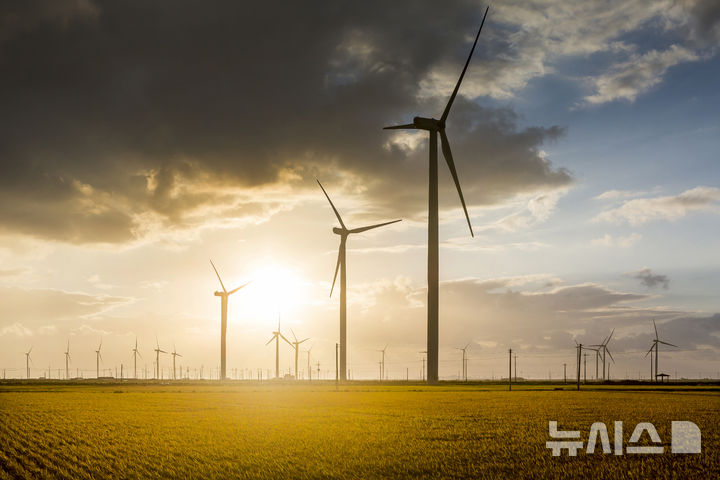 노을빛 물드는 벌판과 어우러진 전남 영광군 풍력발전단지. (사진=영광군 제공) photo@newsis.com