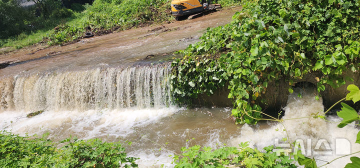 [나주=뉴시스] 8일 오전 전남 나주시 남평읍 남석리 남석저수지 복통이 파손돼 당국이 긴급 보수 작업을 하고 있다. (사진=독자 제공) 2025.08.08. photo@newsis.com