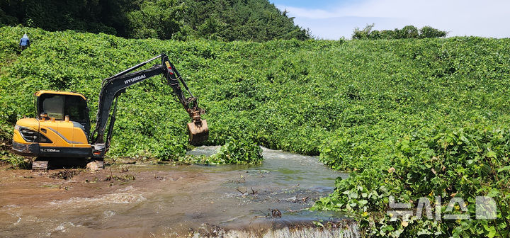 [나주=뉴시스] 8일 오전 전남 나주시 남평읍 남석리 남석저수지 복통이 파손돼 당국이 긴급 보수 작업을 하고 있다. (사진=독자 제공) 2025.08.08. photo@newsis.com