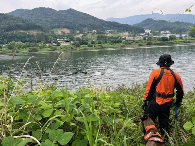 실종자 수색을 진행 중인 경기북부특수대응단 강동찬 핸들러와 구조견 대찬. (사진=경기북부소방재난본부 제공) photo@newsis.com *재판매 및 DB 금지