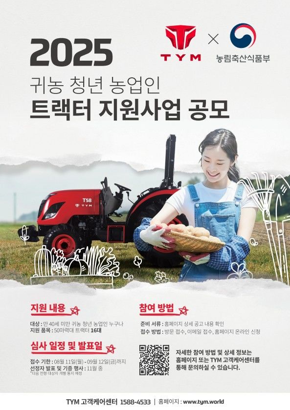 [세종=뉴시스] 농림축산식품부는 국내 농업기계 제조업체 TYM(대표 김희용·김도훈)와 협업해 귀농 청년에게 트랙터 16대를 지원한다고 10일 밝혔다. (사진=농식품부 제공) 2025.08.09. photo@newsis.com *재판매 및 DB 금지