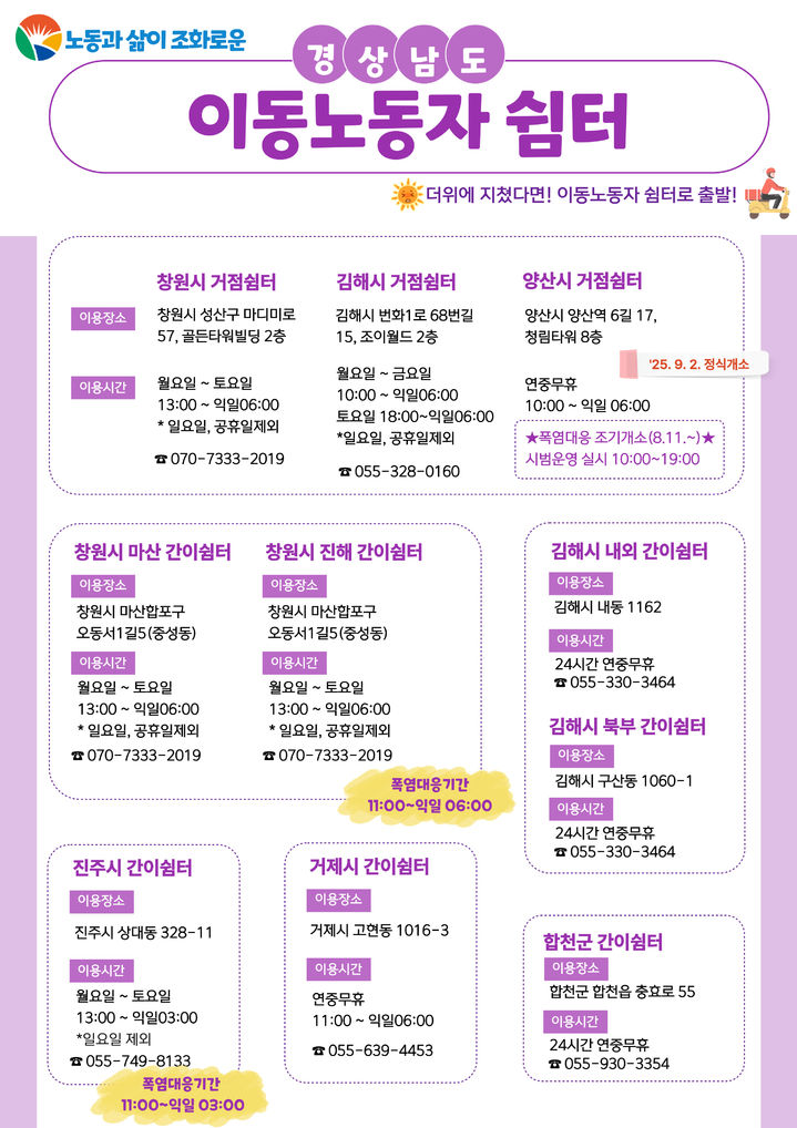 경남지역 이동노동자 쉼터 운영 정보.(자료=경남도 제공) 2025.08.10. *재판매 및 DB 금지