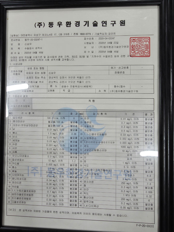 [김천=뉴시스] 박홍식 기자 = 금율약수 수질검사 성적서. 2025.08.11 phs6431@newsis.com *재판매 및 DB 금지