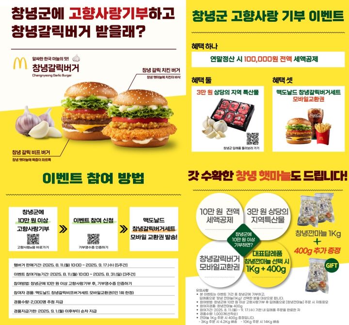 [창녕=뉴시스] 한국맥도날드 고향사랑기부제 이벤트 포스터. (사진= 창녕군 제공) 2025.08.11. photo@newsis.com *재판매 및 DB 금지