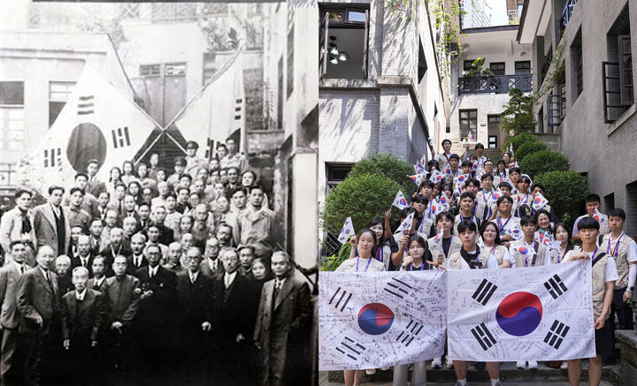 [안동=뉴시스] 경북교육청의 사제동행 국외 독립운동길 순례단이 지난 2일 중국 충칭 연화지에서 독립운동가들을 회상하면서 태극기와 함꼐 단체사진을 찍고 있다. (사진=경북교육청 제공) 2025.08.11. photo@newsis.com *재판매 및 DB 금지