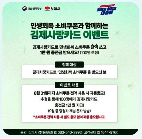 김제시, 소비쿠폰 조기 사용 이벤트…"100명 1만원 충전금"