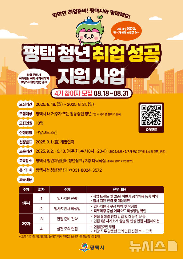 [평택=뉴시스] 평택시 평택청년 취업 성공 지원사업 4기 교육참여자 모집 안내 포스터(사진=평택시 제공)2025.08.11.photo@newsis.com 