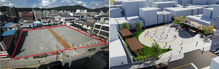 [정읍=뉴시스] 정읍 시민광장이 조성될 옛 정읍우체국 부지(왼쪽)와 시민광장 조감도(오른쪽). (사진=정읍시 제공) 2025.08.11. photo@newsis.com *재판매 및 DB 금지