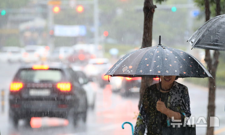 [제주=뉴시스] 우장호 기자 = 제주시 노형오거리 인근 거리에 우산을 쓴 시민들이 걸어가고 있다. (사진=뉴시스DB) woo1223@newsis.com