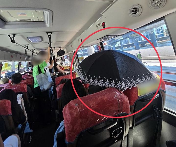 [뉴시스] 시내버스에서 양산을 펼친 승객. (사진=보배드림 캡처) *재판매 및 DB 금지