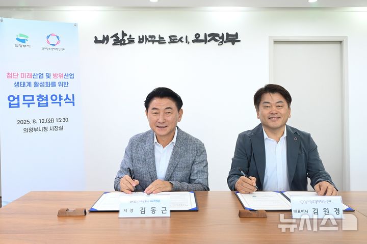 [의정부=뉴시스] 김동근 의정부시장(왼쪽)이 12일 (재)경기창조경제혁신센터 김원경 대표이사와 '첨단 미래산업 및 방위산업 생태계 활성화'를 위한 업무협약을 맺고 함께 기념사진을 찍고 있다. (사진=의정부시 제공) 2025.08.12 photo@newsis.com
