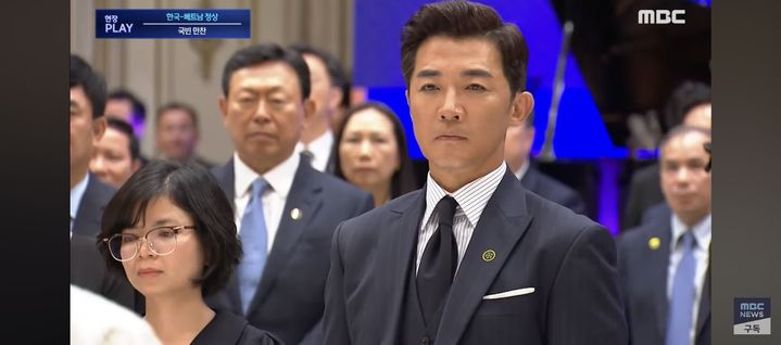 [서울=뉴시스] 지난 11일 청와대 영빈관에서 열린 국빈 만찬에 참석한 배우 안재욱. (사진 = MBC 캡처) 2025.08.12. photo@newsis.com *재판매 및 DB 금지