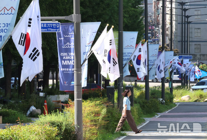 [인천=뉴시스] 전진환 기자 = 광복절을 3일 앞둔 12일 인천 남동구 구월동의 한 거리 가로등에 태극기가 걸려 있다. 2025.08.12. amin2@newsis.com