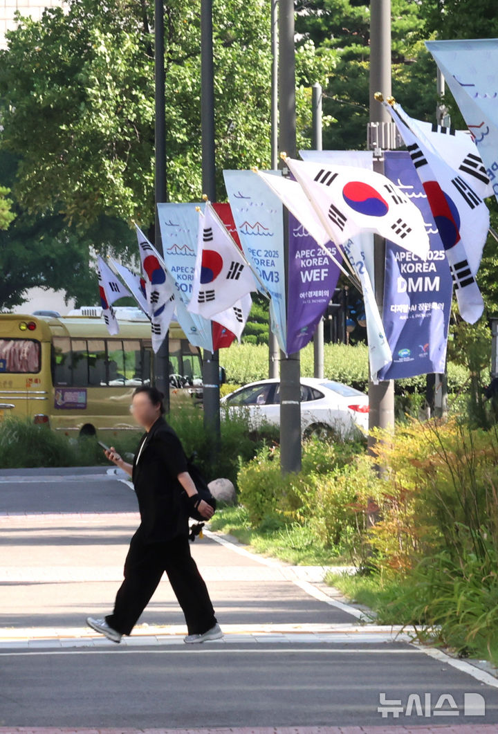 [인천=뉴시스] 전진환 기자 = 광복절을 3일 앞둔 12일 인천 남동구 구월동의 한 거리 가로등에 태극기가 걸려 있다. 2025.08.12. amin2@newsis.com