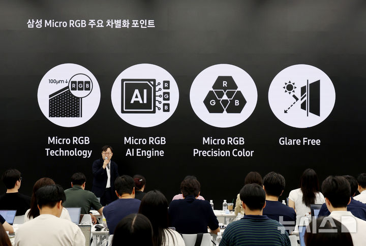 [서울=뉴시스] 김진아 기자 = 12일 서울 서초구 삼성 강남에서 열린 삼성전자, 세계 최초 '마이크로 RGB TV' 출시 기념 미디어 브리핑에서 영상디스플레이사업부 개발팀 이종포 상무가 발표를 하고 있다. '마이크로 RGB TV'는 115형 대형 스크린에 마이크로 사이즈 RGB(빨강, 초록, 파랑) LED를 초미세 단위로 배열한 RGB 컬러 백라이트를 적용한 것이 특징이다. 특히 RGB 칩 크기를 100㎛ 이하로 줄인 마이크로 RGB 기술 적용해 정밀하게 색상·명암을 표현한다. 또, AI 기술 기반의 컬러 최적화 엔진인 'Micro RGB AI 엔진'을 탑재해 더욱 생생하고 몰입감 있는 시청 경험을 제공한다. 2025.08.12. bluesoda@newsis.com